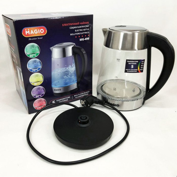 Електрочайник MAGIO MG-499, чайник прозорий з підсвічуванням, електрочайник з підсвічуванням