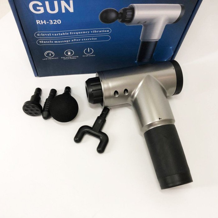 Акумуляторний масажер Fascial Gun KH-320 портативний ручний ударний м'язовий пістолет 4 насадки сірий