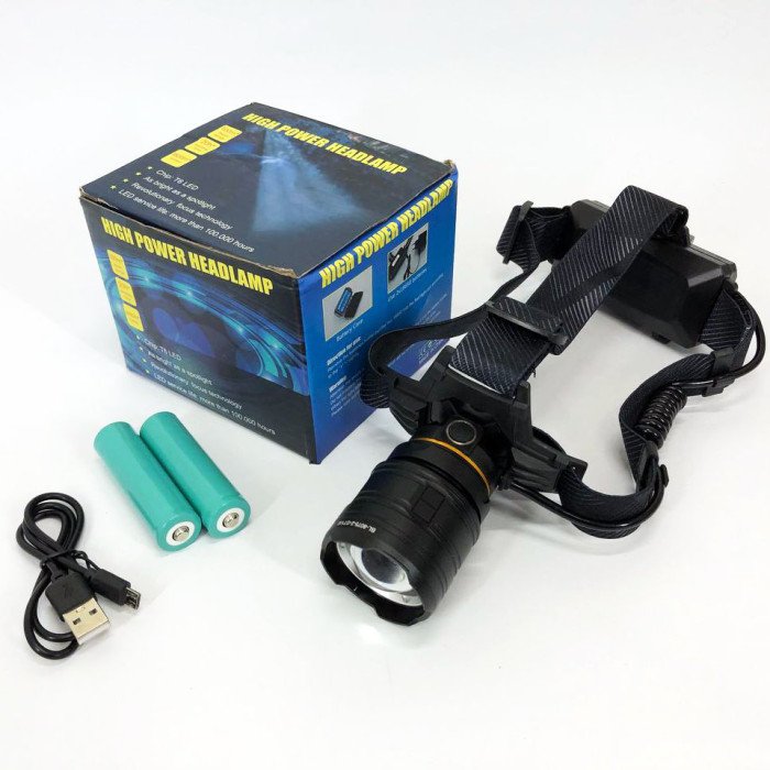 Ліхтар налобний потужний Bailong BL-8075-2-GT100, 3 режими, Zoom, алюміній, акумулятор 2*18650, USB кабель