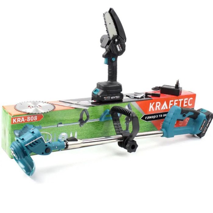 Тример для трави та кущів Krafftec + Ланцюгова пила, Ланцюгова мініпила-сучкоріз, Міні-ланцюгова пила для дачі