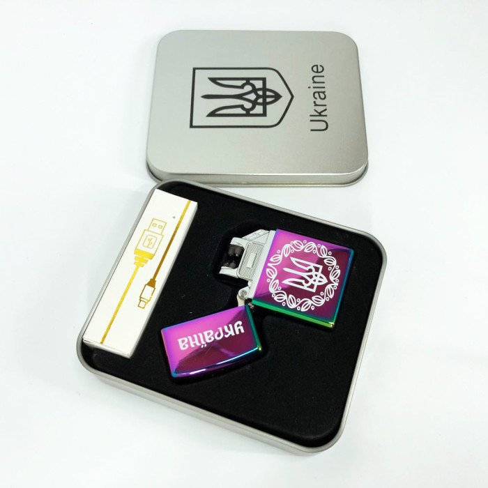 Дугова електроімпульсна запальничка USB Україна металева коробка HL-447. Колір: хамелеон