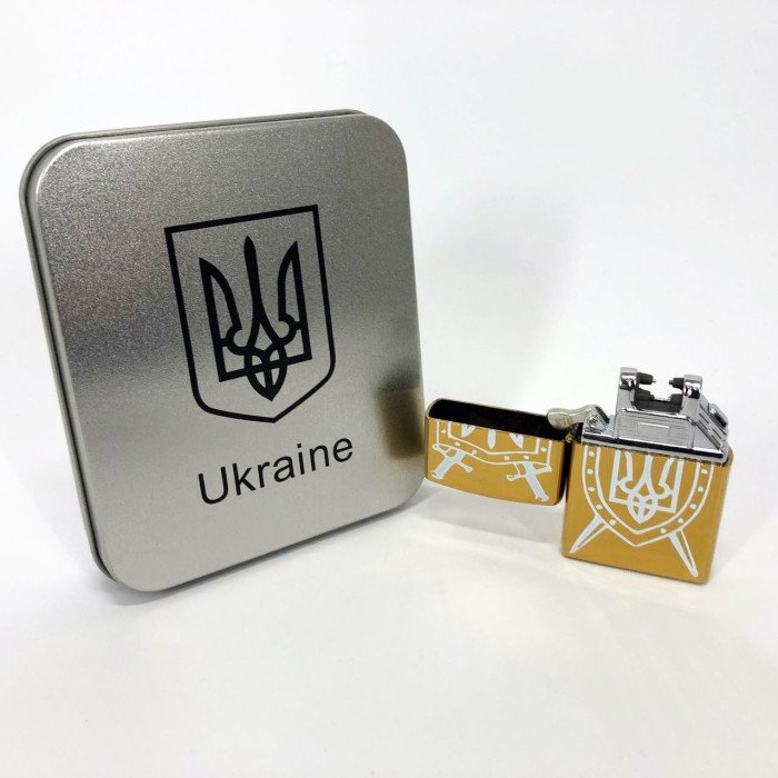 Дугова електроімпульсна запальничка USB Україна (металева коробка) HL-446. Колір: золотий