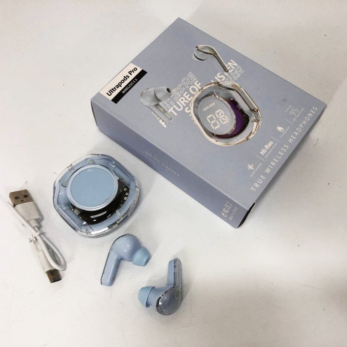 Бездротові навушники TWS T8 PRO з прозорим кейсом Вакуумний LED дисплей Bluetooth 5.3. Колір: блакитний