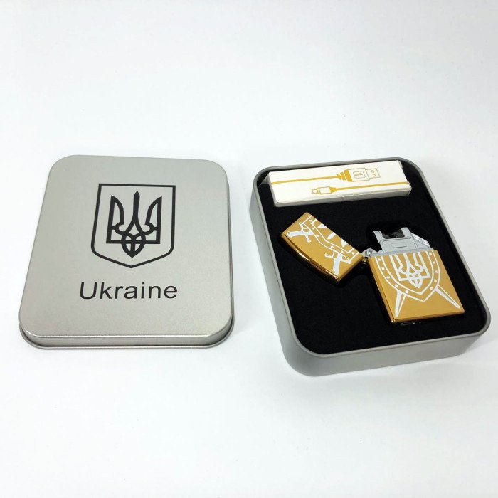 Дугова електроімпульсна запальничка USB Україна (металева коробка) HL-446. Колір: золотий