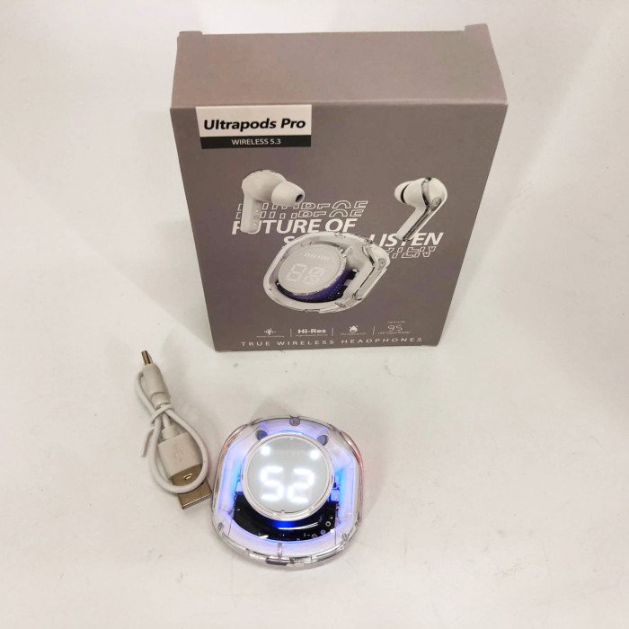 Бездротові навушники TWS T8 PRO з прозорим кейсом Вакуумний LED дисплей Bluetooth 5.3. Колір: білий