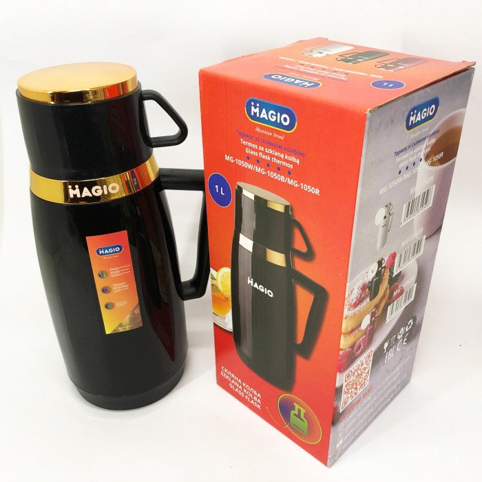 Термос Magio MG-1050B зі скляною колбою, Питний термос, Термос для кави. Колір: чорний