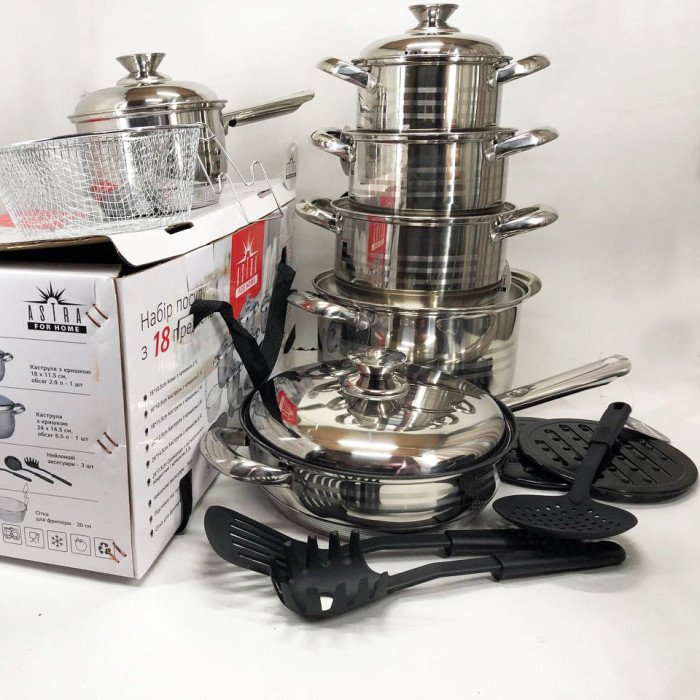 Набір посуду 18 предметів ASTRA A-2518, каструлі з нержавіючої сталі, каструлі з кришками, гарні каструлі