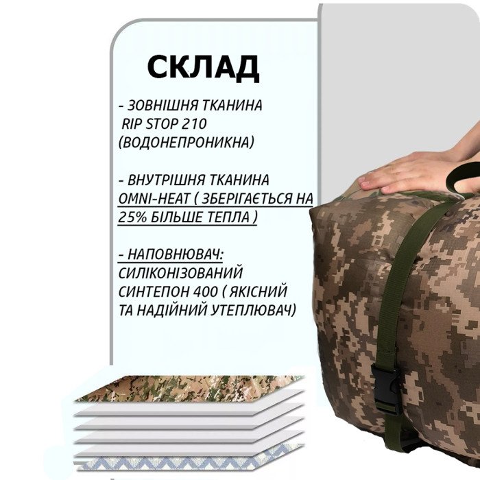 Великий  спальний мішок до -25, тактичний зимовий спальник , військовий піксель