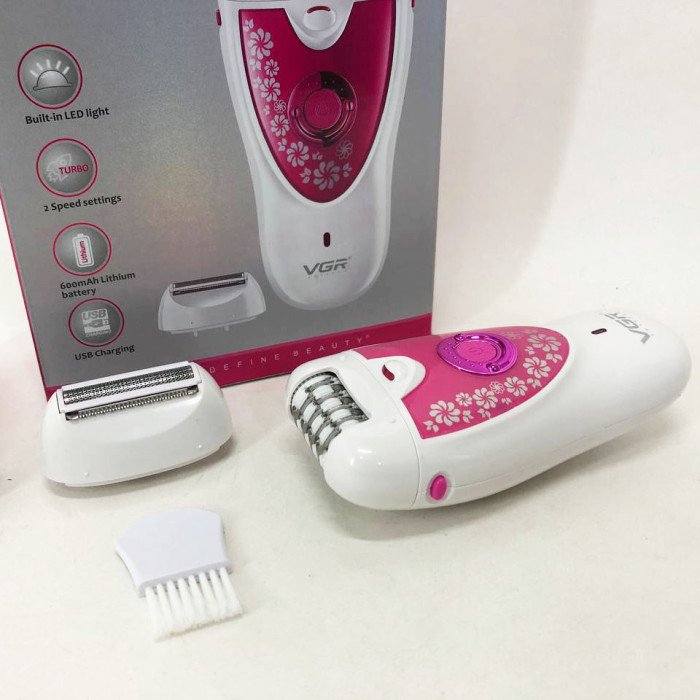 Епілятор VGR V-722 акумуляторний 2 швидкості 32 пінцети з насадками. Колір: рожевий