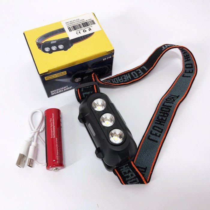 Ліхтар налобний акумуляторний KX-214-3LED, потужний світлодіодний ліхтарик на голову водонепроникний