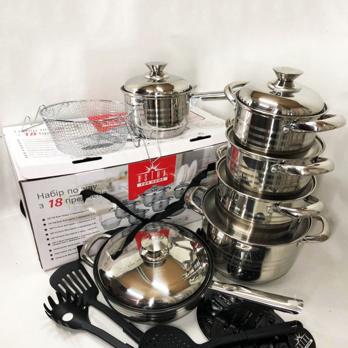 Набір посуду 18 предметів ASTRA A-2518, каструлі з нержавіючої сталі, каструлі з кришками, гарні каструлі