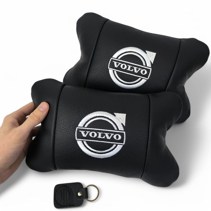 Набір шкіряних подушок Volvo + брелок у подарунок, Автоподушки Volvo з вишивкою