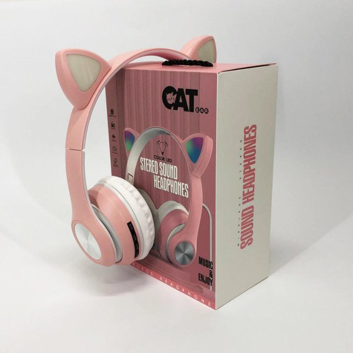 Навушники накладні бездротові ST37M зі котячими вушками, що світяться. Колір: рожевий