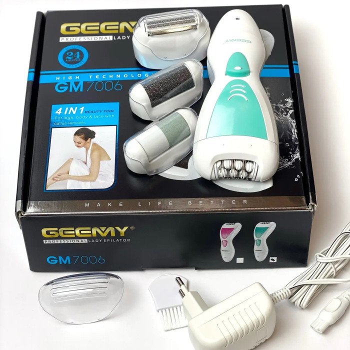 Епілятор Gemei GM-7006 4в1 - Професійний бездротовий епілятор бритва з насадками триммер + пемза