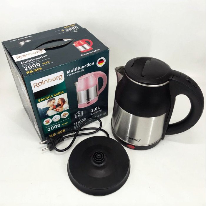 Електрочайник Rainberg RB-808 2 л нержавіюча сталь, гарний електричний чайник. Колір: чорний
