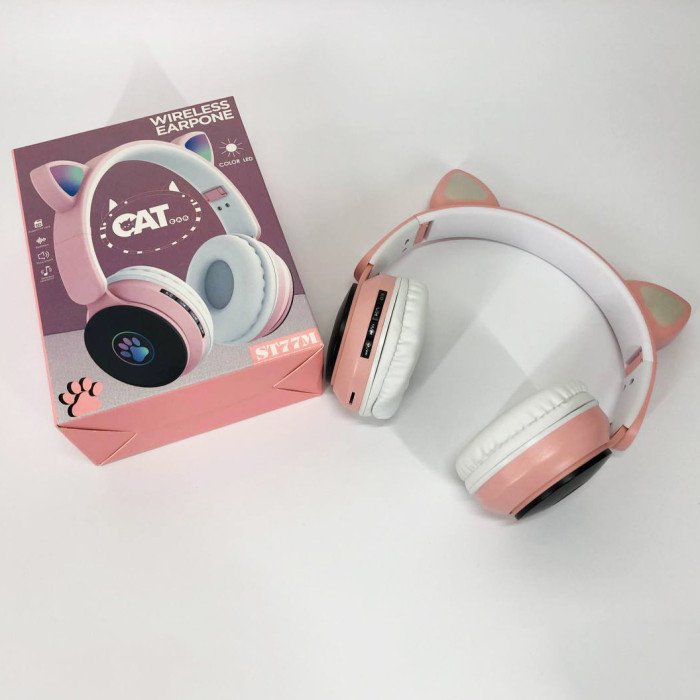 Бездротові навушники ST77 LED з котячими вушками, що світяться. Колір: рожевий
