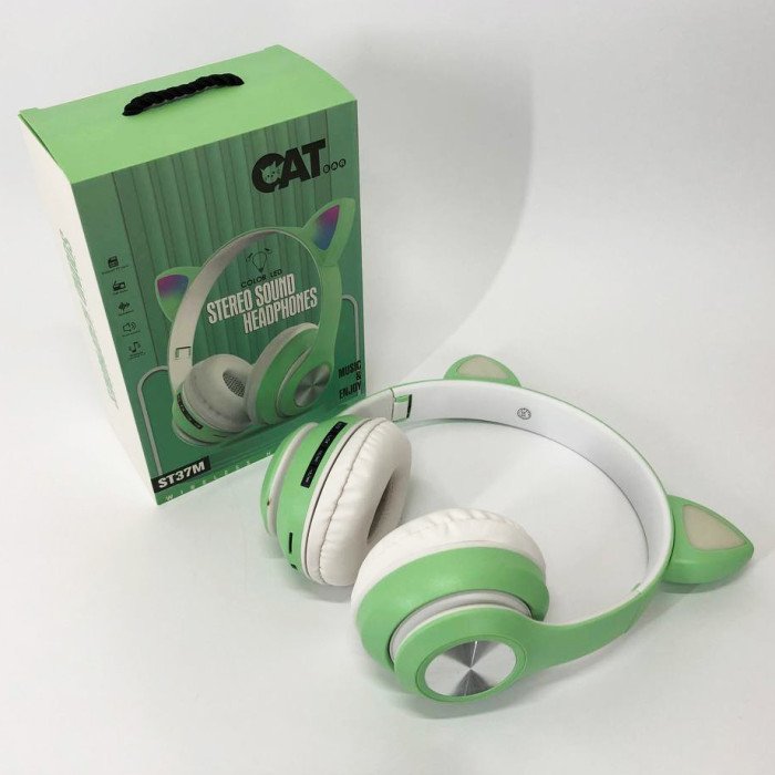Навушники накладні бездротові ST37M зі котячими вушками, що світяться. Колір: зелений