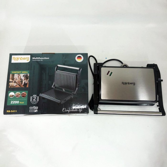 Електрогриль притискний Rainberg RB-5411 з антипригарним покриттям 2200 Вт, нержавіюча сталь