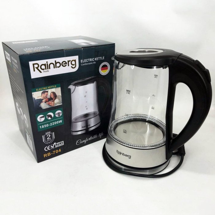 Чайник електричний скляний електрочайник з LED підсвічуванням Rainberg RB-704 2 л 2200 Вт