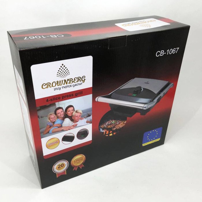 Гриль притискний Crownberg CB-1067, Електричний контактний гриль для дому з терморегулятором 2000Вт