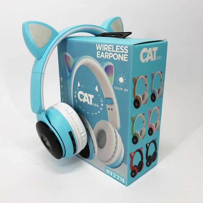 Бездротові навушники ST77 LED з котячими вушками, що світяться. Колір: синій