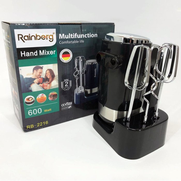 Міксер ручний Rainberg RB-2216 (5 швидкостей, 2 насадки та підставка) 600W, потужний міксер блендер ручний