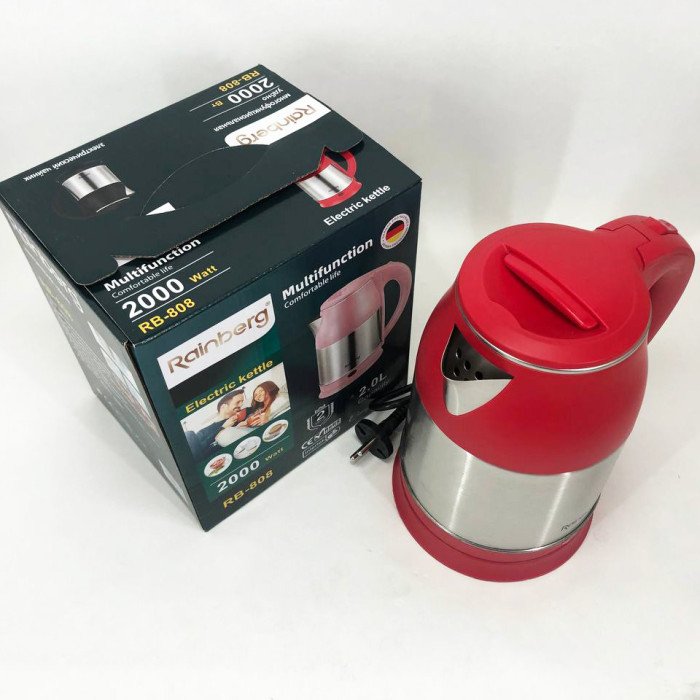 Електрочайник Rainberg RB-808 2 л нержавіюча сталь, стильний електричний чайник. Колір: червоний