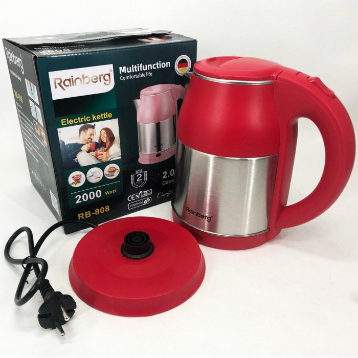 Електрочайник Rainberg RB-808 2 л нержавіюча сталь, стильний електричний чайник. Колір: червоний