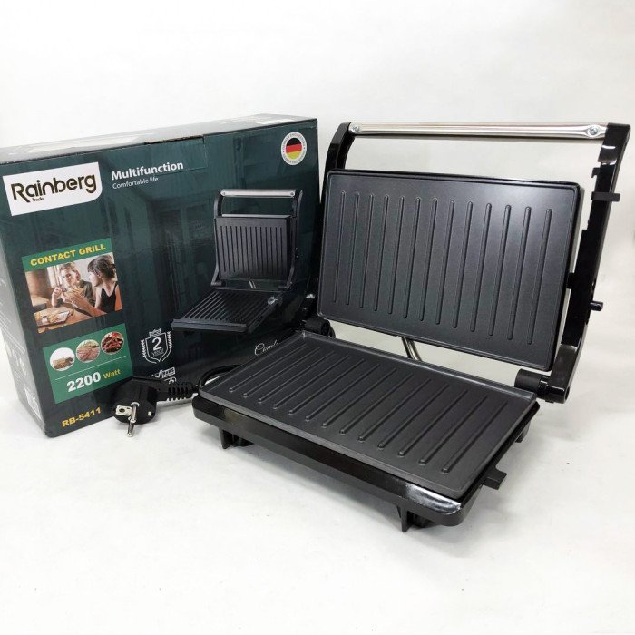 Електрогриль притискний Rainberg RB-5411 з антипригарним покриттям 2200 Вт, нержавіюча сталь