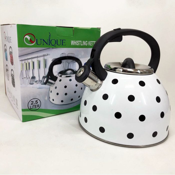 Чайник із свистком для газової плити Unique UN-5301 2.5л горошок, чайники для плит. Колір: білий