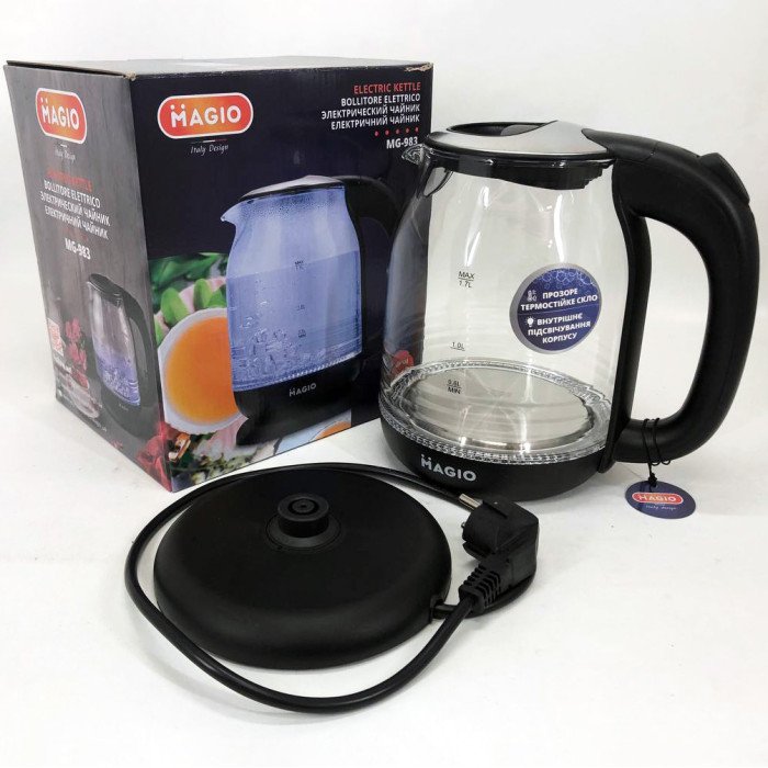 Електрочайник Magio MG-983 з підсвічуванням, 1.7Л, Стильний електричний чайник, прозорий з підсвічуванням