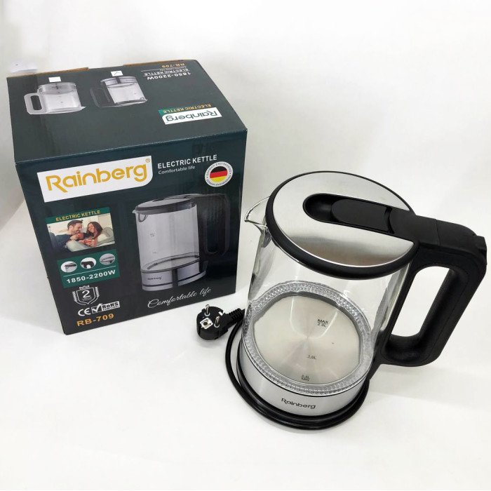 Дисковий електричний чайник Rainberg RB-709 скляний із підсвічуванням, безшумний чайник. Колір: чорний