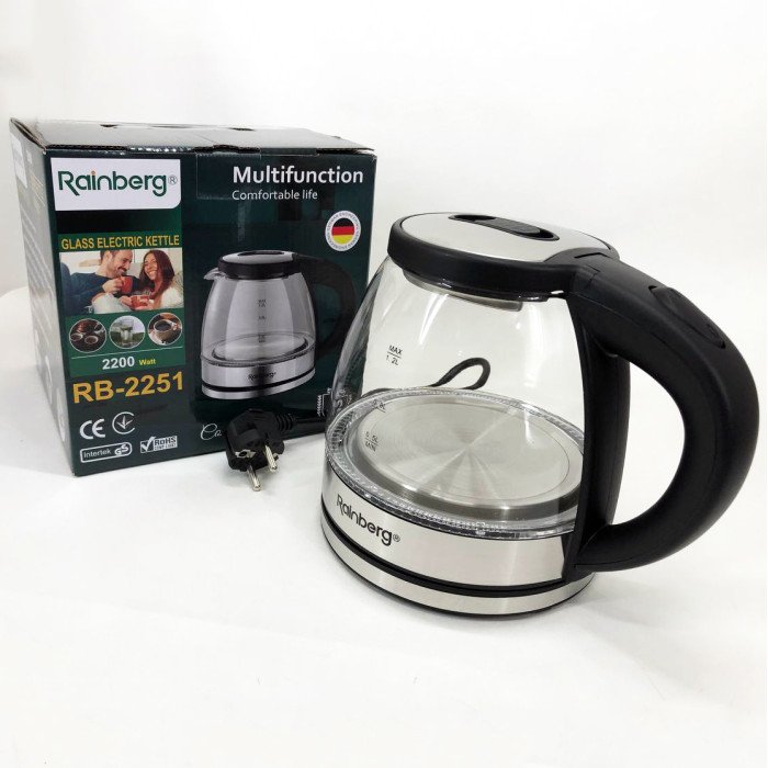 Електрочайник скляний Rainberg RB-2251 - 1л, стильний електричний чайник, безшумний чайник
