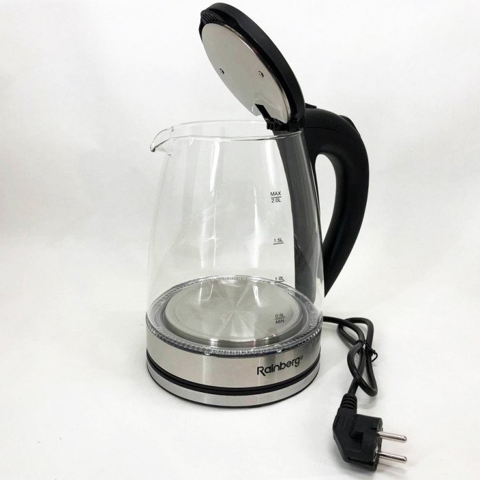 Електричний скляний чайник Rainberg RB-2250 з LED підсвічуванням 2200 Вт 1.8л, хороший електро чайник