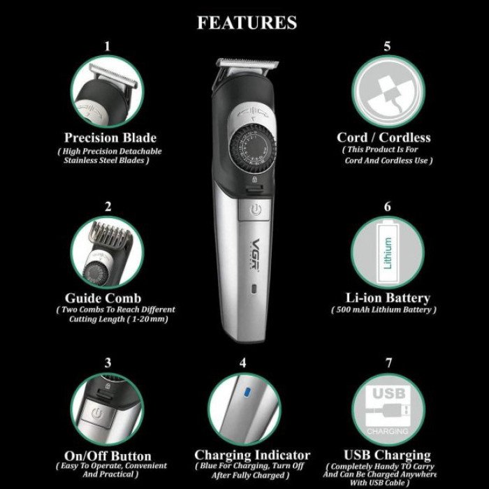 Машинка для стрижки, триммер для бороди VGR V-088 бездротова з насадками, електромашинка для волосся