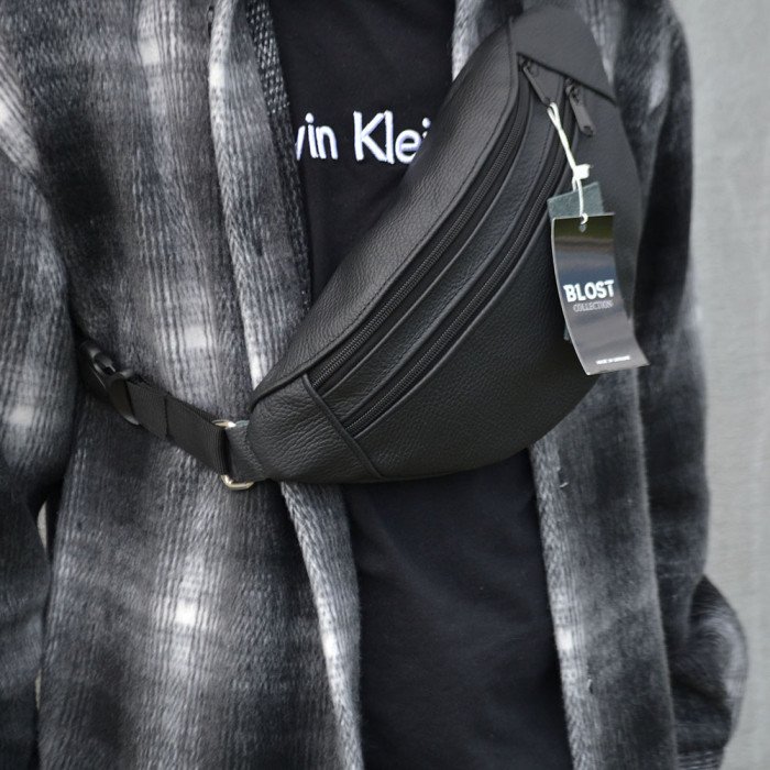 Бананка з натуральної шкіри, сумка чоловіча-жіноча барсетка чорна сумочка