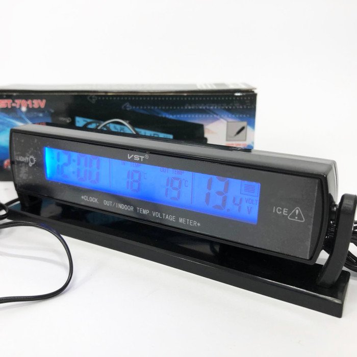 Автомобильные часы с подсветкой VST-7013V вольтметр, 2 термометра Авточасы с выносным термометром