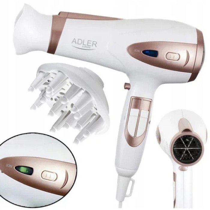 Електричний фен для волосся Adler AD-2248 White 2400Вт для укладання та сушіння з насадками з іонізацією
