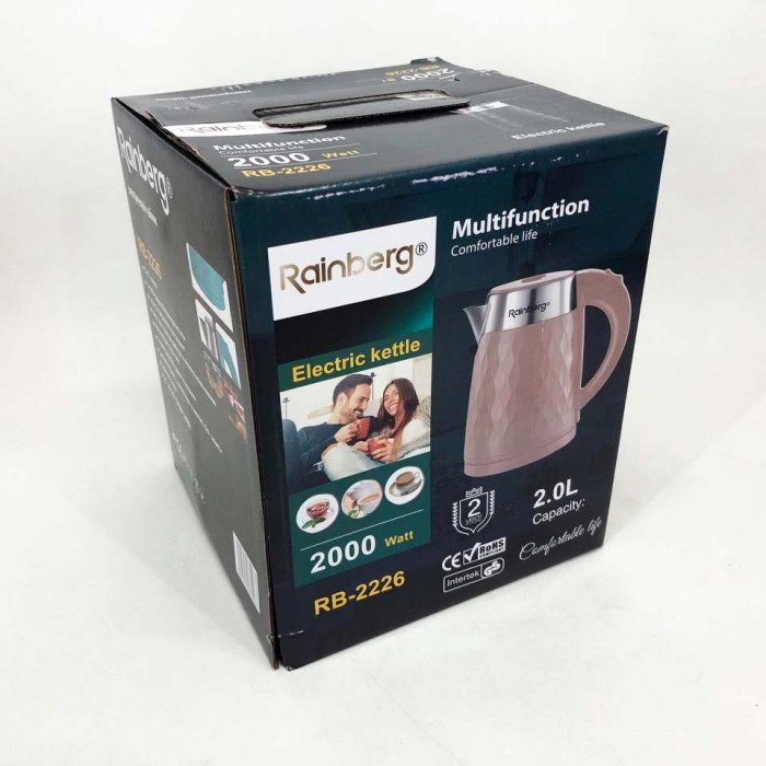 Чайник електричний Rainberg RB-2226BR із нержавіючої сталі 2000Вт 2л, безшумний чайник. Колір: блакитний
