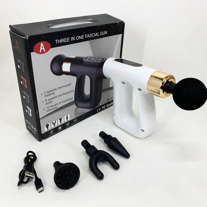 Ударний Перкусійний масажер для тіла та м'язів Масажний пістолет EM HB-007 акумуляторний білий