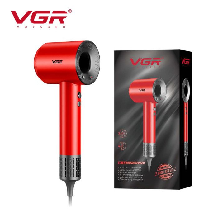 Фен професійний VGR V-445 RED, 3 рівні обдування, 4 рівні температури, 1600 Вт