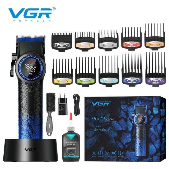 Професійна машинка для стрижки волосся VGR V-001 BLUE з дисплеєм 9000 об/хв та 10 насадками 1,5-24 мм