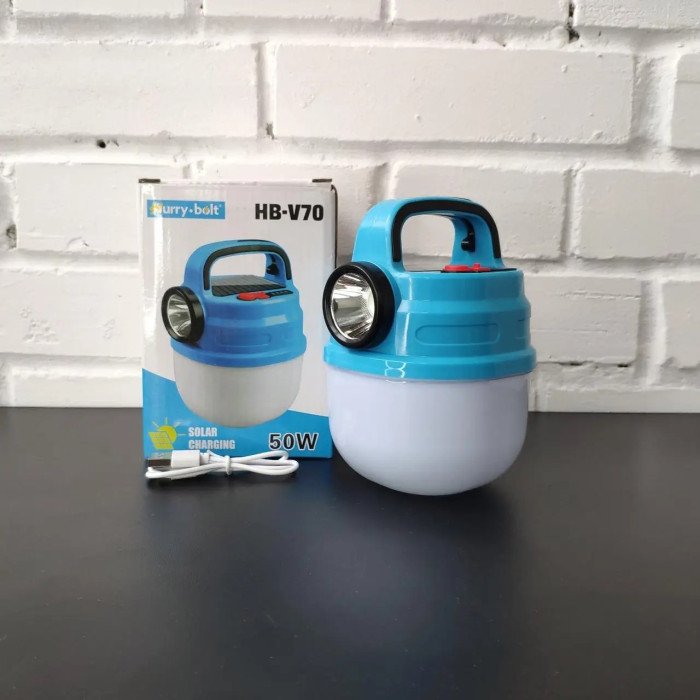 Підвісний ліхтар світильник LED з гачком для кемпінгу, ліхтариком та сонячною панеллю. Колір: синій