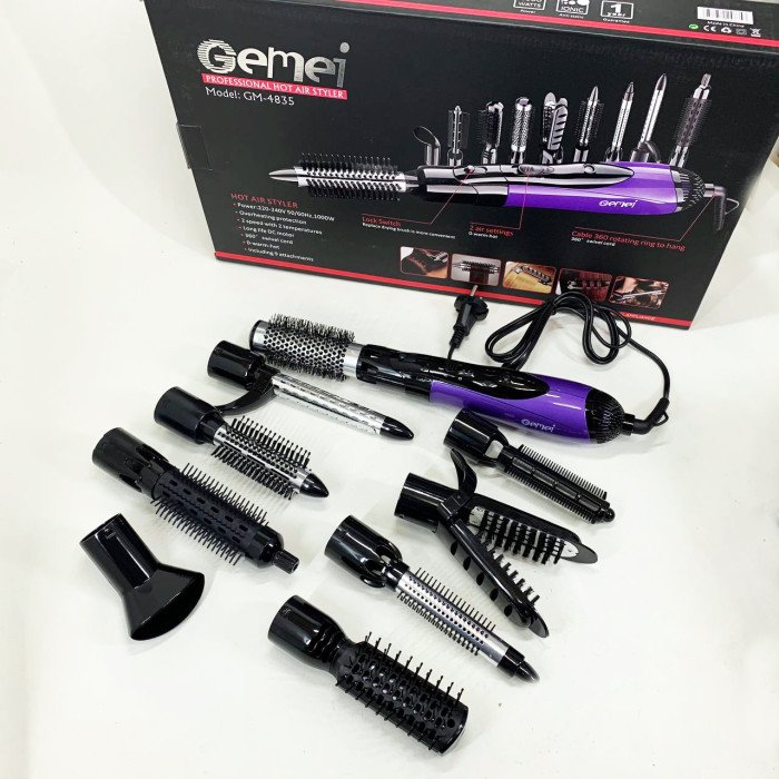 Фен - щітка стайлер Gemei GM-4835 багатофункціональний набір з насадками для волосся 10 в 1. Колір: фіолет