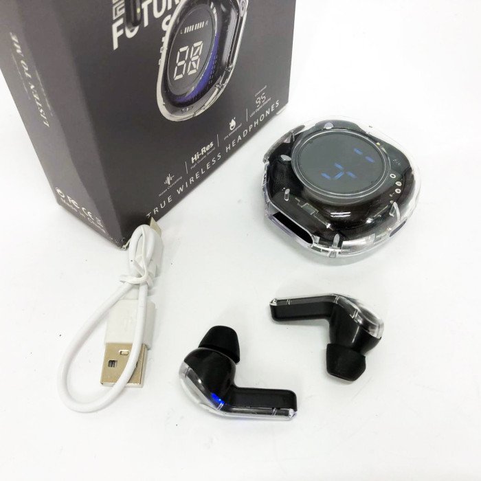 Бездротові навушники TWS T8 PRO з прозорим кейсом Вакуумний LED дисплей Bluetooth 5.3. Колір: чорний