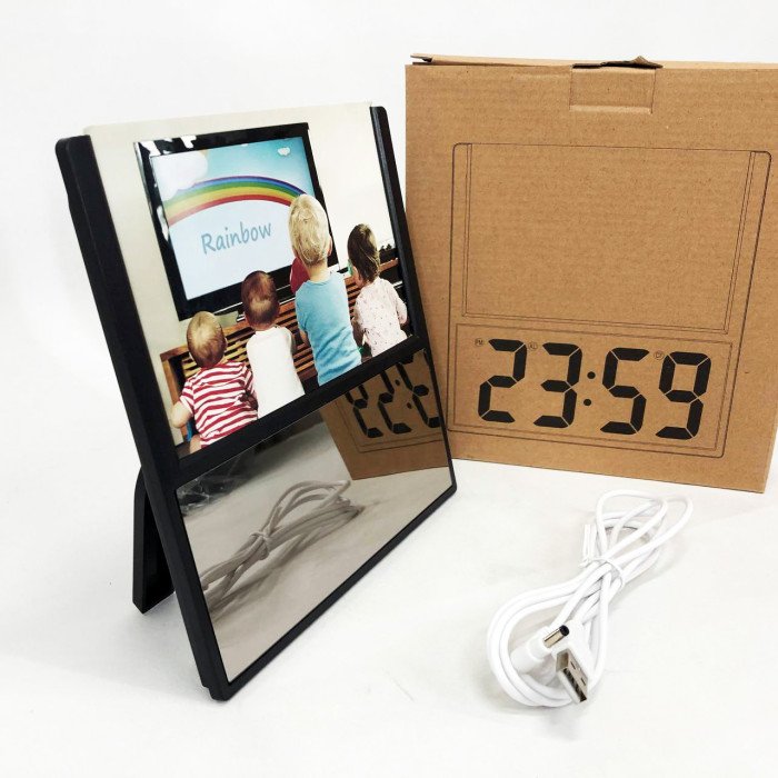 Електронний дротовий настільний цифровий годинник DS-6608 з фоторамкою, зелене підсвічування. Колір: чорний