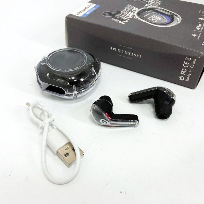 Бездротові навушники TWS T8 PRO з прозорим кейсом Вакуумний LED дисплей Bluetooth 5.3. Колір: чорний