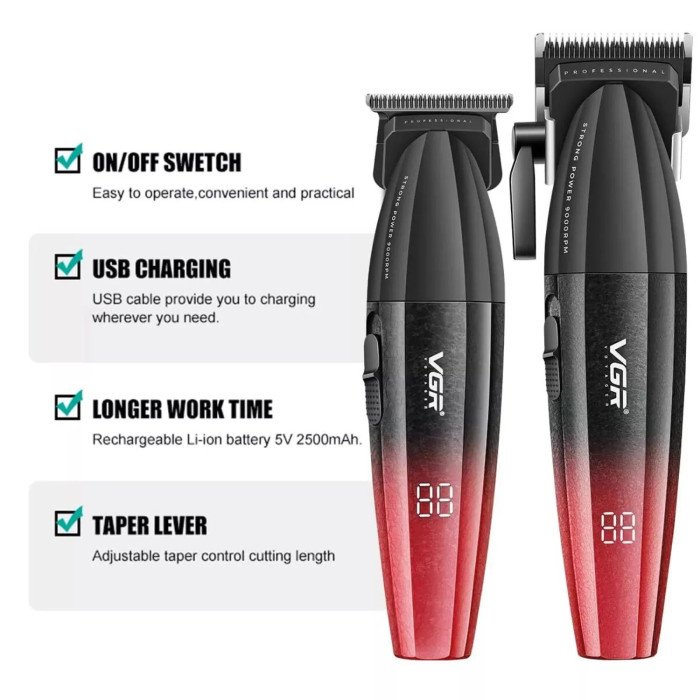 Професійний набір для стрижки волосся VGR V-640 акумуляторний Barber Combo PREMIUM. Колір: червоний