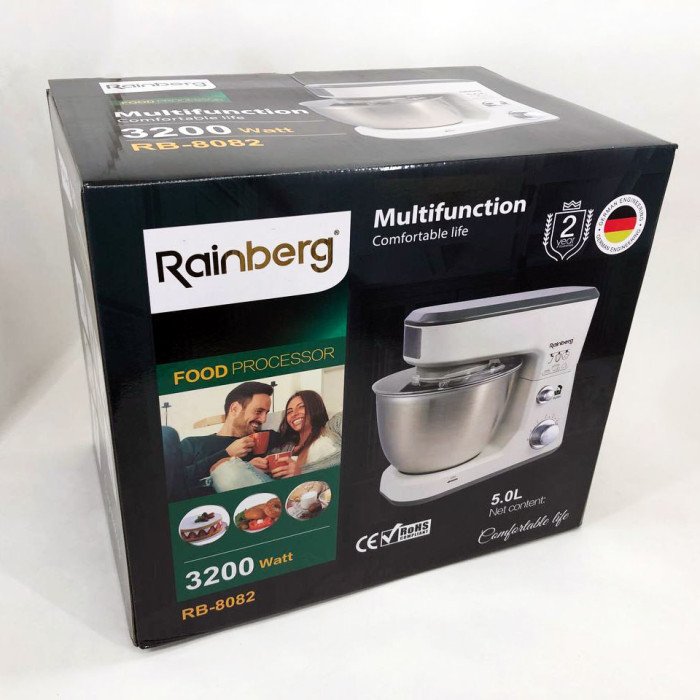 Кухонний комбайн Rainberg RB-8082 3200 Вт, Планетарний міксер-тестоміс з чашею 5л, 3 насадки, 6 швидкостей