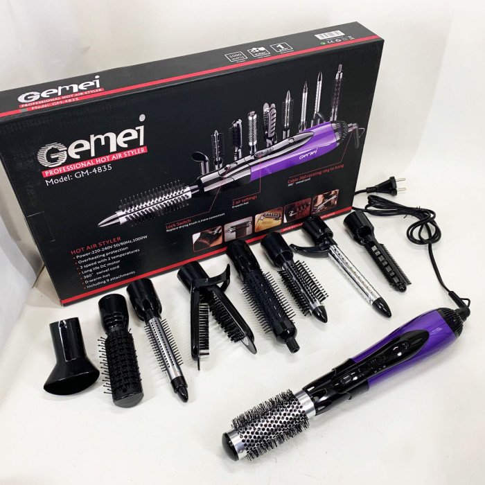Фен - щітка стайлер Gemei GM-4835 багатофункціональний набір з насадками для волосся 10 в 1. Колір: фіолет